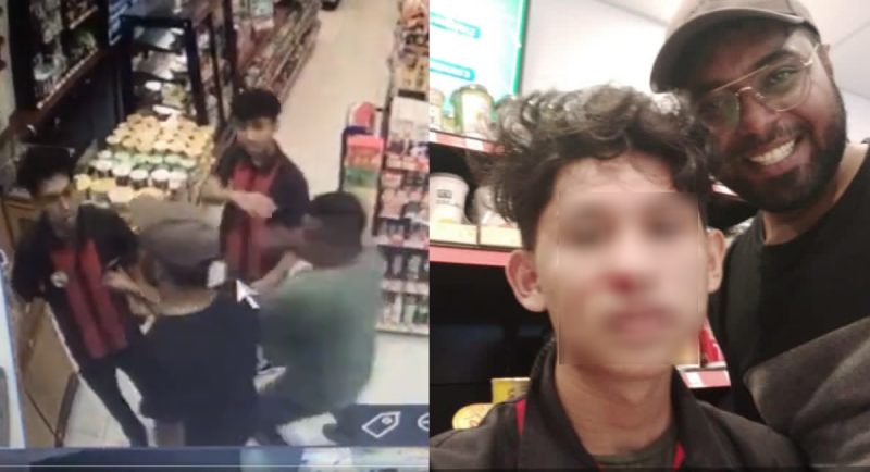 Suspek dipercayai mabuk menumbuk dan menyepak muka pekerja 7-Eleven kerana tidak berpuas hati ditegur mengambil payung tanpa bayar.