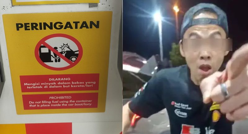 Peraturan yang melarang warga asing isi minyak dalam tong. Tetapi dua lelaki Singapura yang dirakam berbuat demikian tidak dikenakan tindakan
