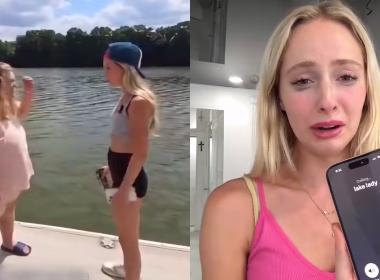 Natalie Reynolds menangis sambil tunjuk skrin telefon selepas dikecam akibat video prank gelandangan