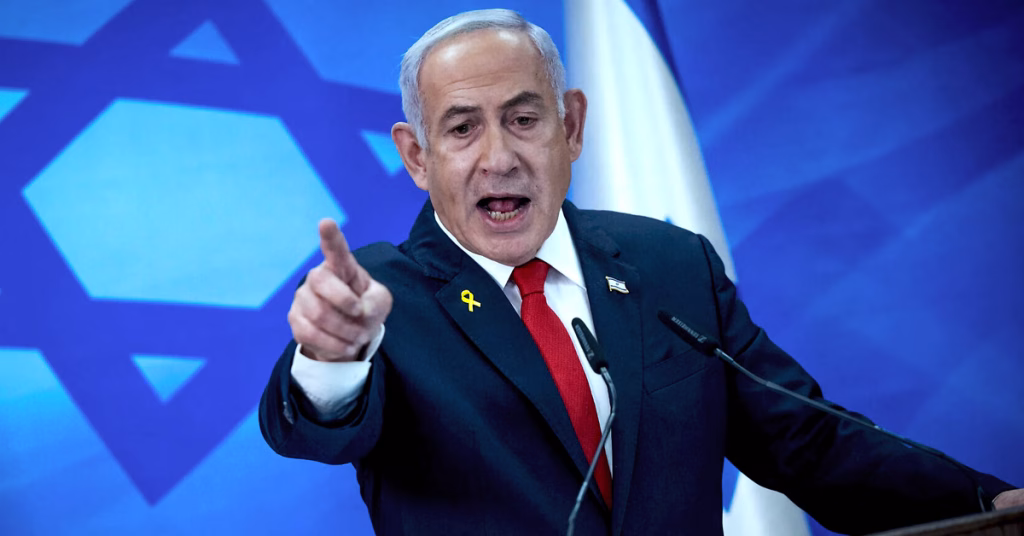Netanyahu bercakap tegas dalam sidang media rasmi di hadapan bendera Israel