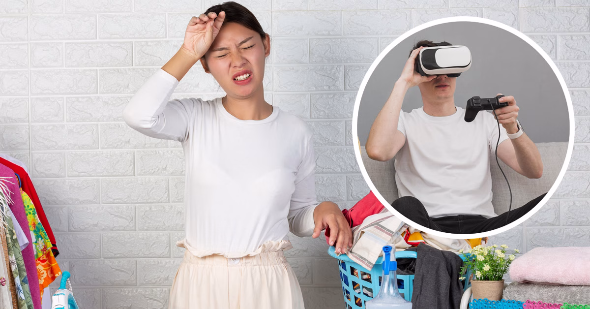 Seorang gadis kelihatan letih sambil menguruskan kerja rumah, manakala seorang remaja lelaki bersantai bermain permainan video realiti maya.