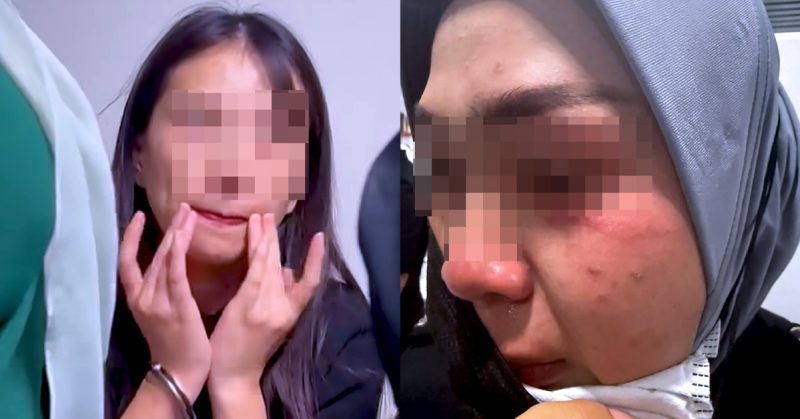 Dua wanita; sebelah kiri memegang wajah sambil kelihatan emosi, sebelah kanan berwajah lebam dan berkaca mata air, memakai tudung.