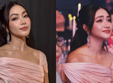 Daiyan Trisha memakai gaun labuh berona merah jambu metalik tanpa lengan dengan solekan kemas dan anting-anting kristal yang menonjol, kelihatan yakin dan emosional dalam dua suasana berbeza.