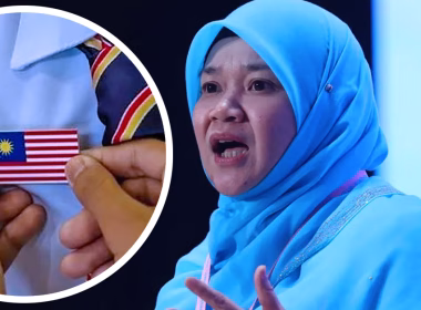 Menteri Pendidikan Fadhlina Sidek bercakap, dengan inset gambar lencana Jalur Gemilang dipasang pada pakaian sekolah.
