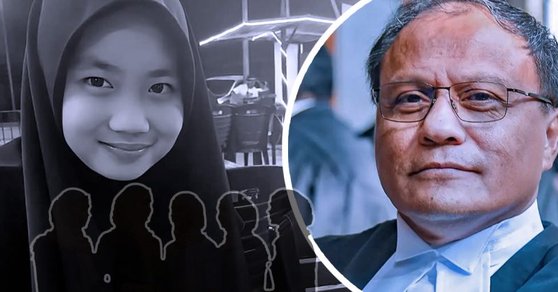 Gambar gabungan pelajar bertudung dan seorang lelaki berkaca mata berbaju peguam.