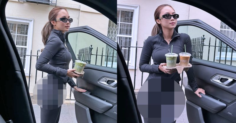 Intan Najuwa bergambar di tepi kereta sambil memegang minuman, mengenakan pakaian sukan berwarna gelap.