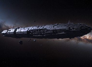 Kapal angkasa futuristik gergasi terapung di angkasa lepas dengan latar belakang galaksi dan asteroid kecil.