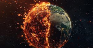 Imej Bumi separuh terbakar dengan api marak, melambangkan kemusnahan global.