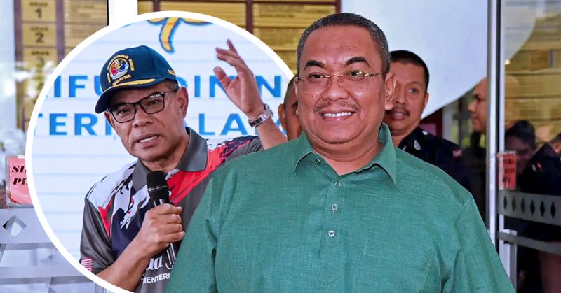 Sanusi tersenyum selepas keputusan mahkamah, dengan imej Saifuddin di latar sebagai inset.