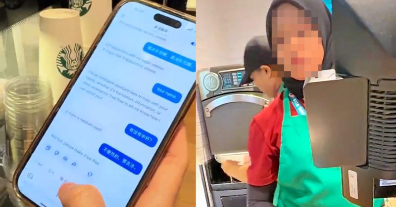 Telefon pintar memaparkan aplikasi terjemahan bahasa ketika pelanggan membuat pesanan di kaunter kedai kopi KLIA, dengan barista wanita memakai apron hijau kelihatan di belakang kaunter.