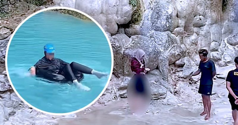 Beberapa individu berada di tepi kolam semula jadi Sungai Mudal, manakala inset menunjukkan seorang wanita sedang terapung di permukaan air berwarna biru jernih.