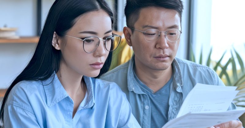 Pasangan muda memeriksa bil insurans dengan wajah risau kerana kenaikan premium insurans.