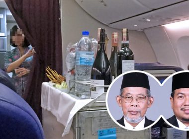 Troli hidangan dalam pesawat Malaysia Airlines dengan botol minuman dan dua Ahli Parlimen PAS yang mencadangkan agar MAS menggantikan alkohol dengan sirap bandung, cendol dan ABC.