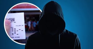 Seorang individu bertudung hitam berdiri dalam bayangan gelap dengan imej tiket nombor ekor di latar, menggambarkan isu duit hasil judi haram dan rasa bersalah selepas menang RM500K.