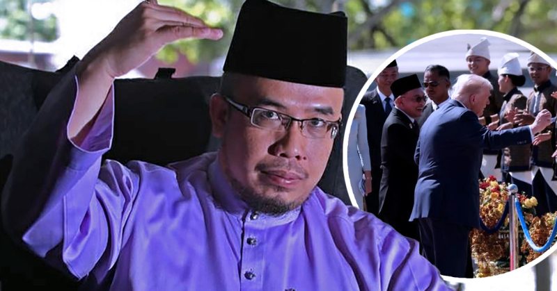 Dr MAZA dalam pakaian ungu sedang memberi isyarat tangan, dengan imej sisipan Donald Trump disambut meriah oleh pegawai Malaysia di lapangan terbang.