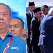 Tan Sri Muhyiddin Yassin dilihat serius di pentas, manakala gambar sebelah menunjukkan Donald Trump disambut meriah oleh pemimpin Malaysia di KLIA.