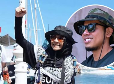 Gambar Zizi Kirana, aktivis Sumud, mengangkat tangan dengan penuh semangat di tepi pelabuhan, bersama inset wajah Nabil Ahmad memakai topi camo dan cermin mata hitam.