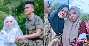Foto kolaj menunjukkan pasangan pengantin berpakaian seragam rasmi di sebelah kiri dan wanita bertudung bersama seorang individu memberi sokongan di sebelah kanan — menggambarkan kisah perceraian dan nasib isteri selepas suami dipecat sebagai pegawai kerajaan di Aceh.
