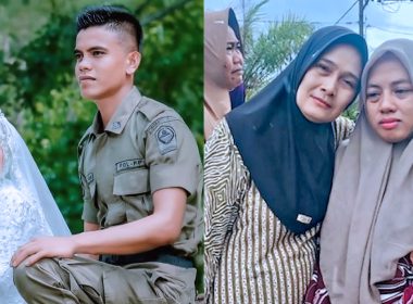 Foto kolaj menunjukkan pasangan pengantin berpakaian seragam rasmi di sebelah kiri dan wanita bertudung bersama seorang individu memberi sokongan di sebelah kanan — menggambarkan kisah perceraian dan nasib isteri selepas suami dipecat sebagai pegawai kerajaan di Aceh.