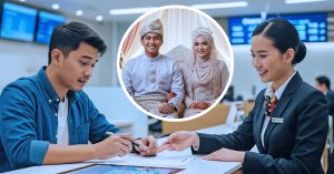 Lelaki muda isi borang pinjaman di bank, simbolik kepada beban kewangan sebelum berkahwin.