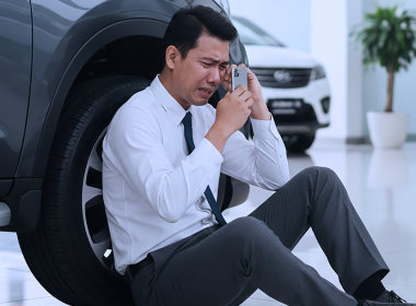 Jurujual kereta duduk di lantai showroom sambil menangis memegang telefon, meluahkan tekanan kerja dan isu free gifts pelanggan.