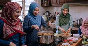 Wanita dan ipar-duai memasak bersama di dapur sempena Hari Raya sambil diperhatikan seorang ibu tua