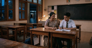 Guru Matematik mengajar pelajar lelaki sekolah menengah di dalam kelas awal pagi sebelum waktu persekolahan