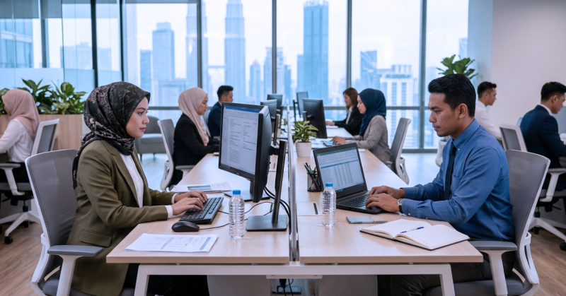 Ilustrasi wanita bertudung dan lelaki bekerja di pejabat moden menjaga batas pergaulan dalam suasana profesional