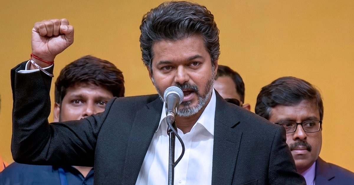 Vijay mengangkat sumpah sebagai Ketua Menteri Tamil Nadu dalam majlis rasmi di Chennai selepas kemenangan TVK dalam pilihan raya negeri 2026.