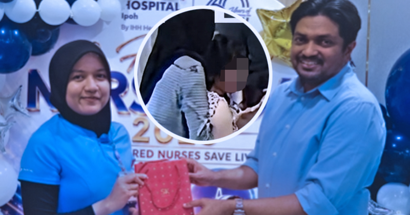 Jururawat Pantai Hospital Ipoh melakukan bantuan kecemasan manuver Heimlich untuk menyelamatkan wanita yang tercekik di kawasan hospital.