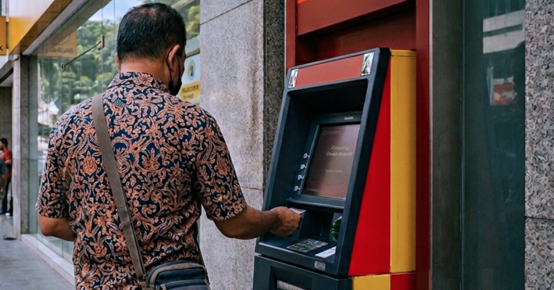 Pelanggan mengeluarkan wang tunai di mesin ATM bank di Malaysia tanpa caj antara bank.