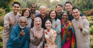 Sekumpulan individu pelbagai latar belakang berbincang secara harmoni melambangkan kepentingan dialog dan perpaduan masyarakat.