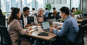 Suasana pekerja di sebuah pejabat moden di Malaysia yang melambangkan isu struktur gaji negara, peluang pekerjaan berkualiti dan pertumbuhan ekonomi.