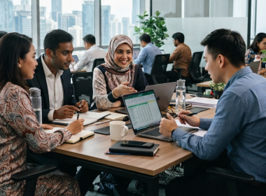 Suasana pekerja di sebuah pejabat moden di Malaysia yang melambangkan isu struktur gaji negara, peluang pekerjaan berkualiti dan pertumbuhan ekonomi.