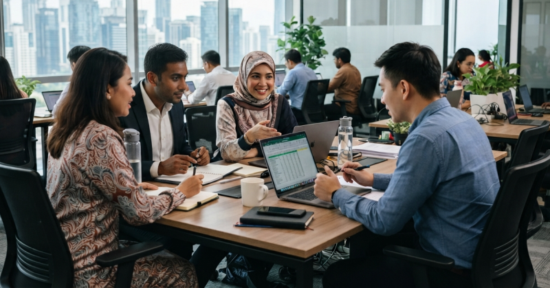 Suasana pekerja di sebuah pejabat moden di Malaysia yang melambangkan isu struktur gaji negara, peluang pekerjaan berkualiti dan pertumbuhan ekonomi.