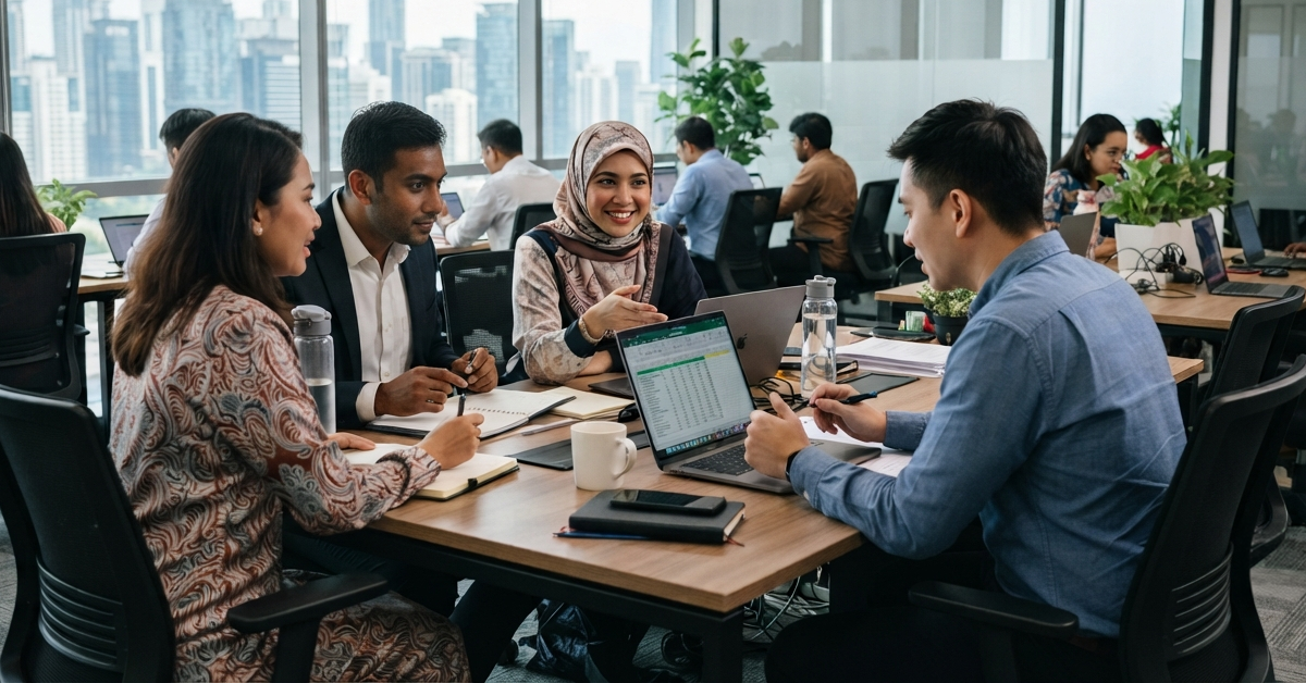 Suasana pekerja di sebuah pejabat moden di Malaysia yang melambangkan isu struktur gaji negara, peluang pekerjaan berkualiti dan pertumbuhan ekonomi.